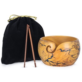 Large Wooden Yarn Bowl 7x4 Inches - Cute Wood Bowl/Holder for Knitting & Crocheting Lovers from Craft Supplier Brand INANOSA - Gift Ideas for Christmas and Mother's Day - Blue, Teak