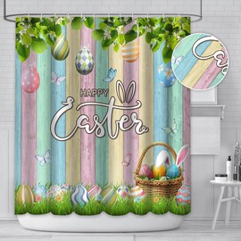 MEHOFOND Happy Easter Shower Curtain Bunny Rabbit Colorful Wooden Butterflies Waterproof for Spring Festival Easter Eggs Bathroom Decor Polyester with Hooks Sets 72x72 Inches