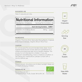 Organic Vitamin B1 Thiamin 50mg – 100% Plant Based (Mung Beans) - 60 Vegan Capsules – Contributes to Normal Functioning of the Nervous System – Resealable and Recyclable Pouch by Alpha01