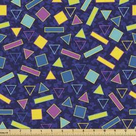 Lunarable Geometric Fabric by The Yard, 80s Memphis Fashion Style Pattern Retro Vintage Triangles Print, Decorative Fabric for Upholstery and Home Accents, 1 Yard, Purple Turquoise