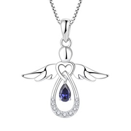 FJ Women’s Chain Guardian Angel Pendant Necklace in 925 Sterling Silver, Angel Chain with Cubic Zirconia Birthstone, Jewellery Gifts for Women and Girls