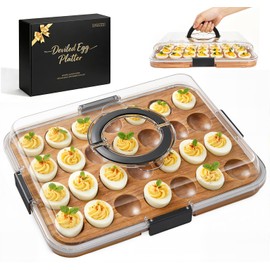 Renmxj Deviled Egg Containers with Lid, 28 Holes Reversible Acacia Wooden Deviled Egg Platter, The Lid Dishwasher Safe, Ideal Gift for Women Kitchen & Party (Black)