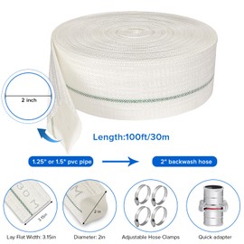 Pool Backwash Hose 2” × 100 ft Heavy Duty PVC Water Discharge Hose General Purpose Flexible Reinforced Lay Flat Pump Drain Pipe for Water Transfer, with 4 Clamps 1 Quick adapter