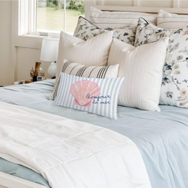 XYDEG Preppy Beach Girly Room Decor 12x20 Pillow Cover, Coastal Beach Pink Seashell Blue Striped Decorative Lumbar Pillow Covers for Girls Bedroom College Dorm Sofa Couch