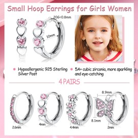 JeweBella 4 Pairs 925 Sterling Silver Pin Small Hoop Earrings Set for Women Girls Children Hypoallergenic Butterfly Heart Flowers Cubic Zirconia Hoop Earrings Sleeping Cartilage Earrings
