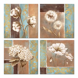 iHAPPYWALL 4 Pieces Vintage Teal And Brown Canvas Wall Art Cotton Floral Dandelion Poppy Hydrangea Flower Artwork for Home Kitchen Bedroom Home Decor Ready to Hang 12x12inchx4pcs