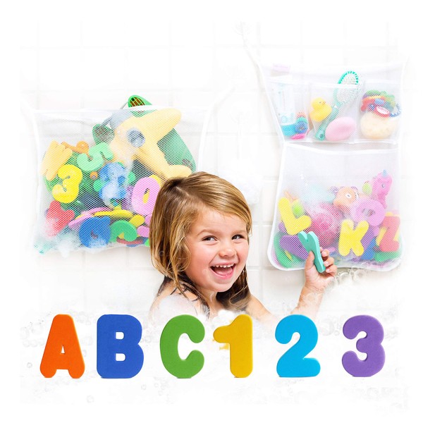 Two Tub Cubby Bath Toy Organizers + 36 ABC Soft Foam Letter & Numbers & Ducky - Mesh Net Bag - Baby Bathtub Game Holder - Bathroom Storage & Shower Caddy Toddler Tray - Kid Safety Award