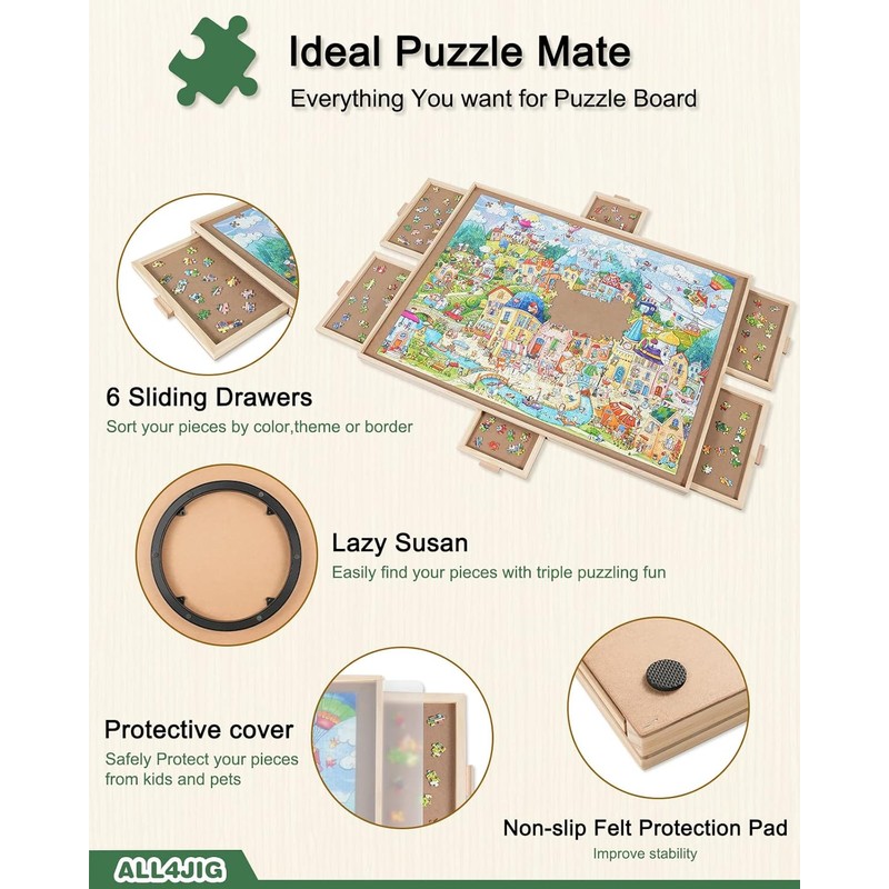 ALL4JIG 2000 Pieces Rotating Puzzle Board with 6 Drawers and