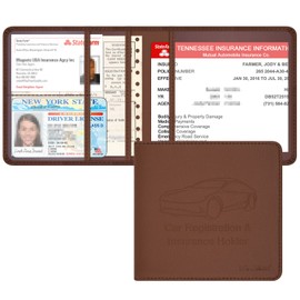 Techion Car Insurance and Registration Holder, 5.5 x 5 Inch PU Leather Vehicle Glove Box Organizer Wallet Case for Insurance Card, Driver License, Paperwork - Brown