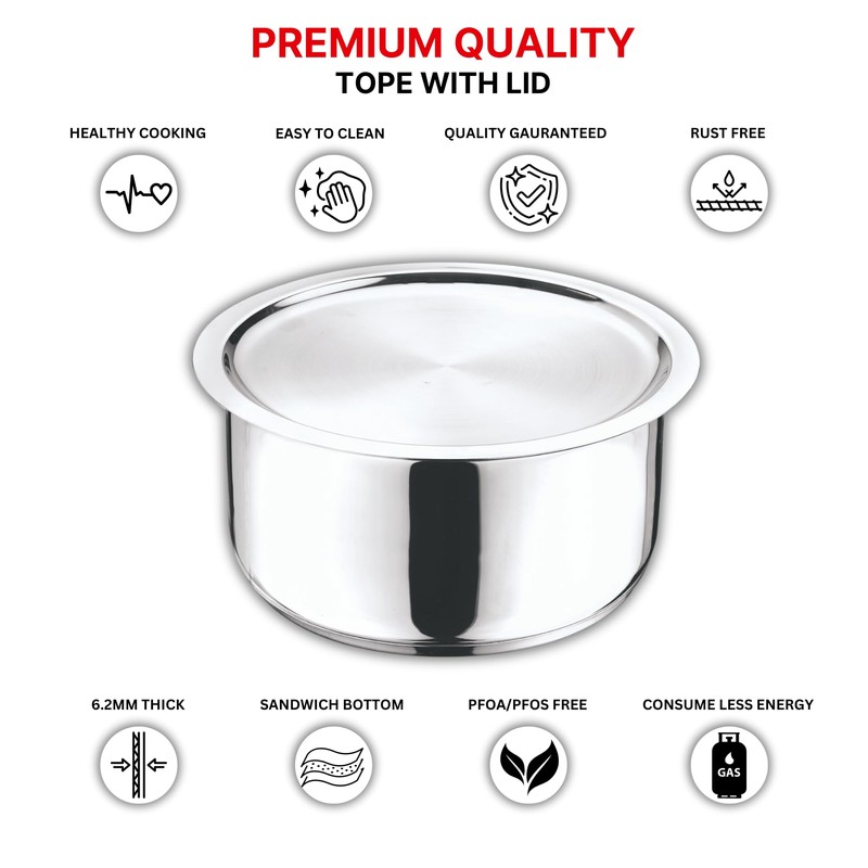 Vinod Cookware Indian Stainless steel Multipurpose Tope with Lid -