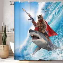 bzwcbei Funny Bear Shower Curtain, Cute Funcy Amusing Bear Riding Shark on Sea Ocean Shower Curtain Set, Blue Nautical Humorous Animal Waterproof Fabric Bathroom Curtain with Hooks, 69x70inches