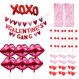 Premium Innovations Galentines Day Party Decorations, Galentines Gang Banner, 6 Kiss Lip Balloons, 12 Heart Shaped Glasses (6 Red - 6 Pink), 12 Heart Headbands, 2 Pink Curtains Backdrop & 1 XOXO Balloon