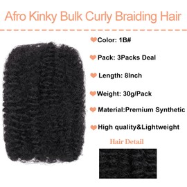Mscat 8 Inch 3 Bundles Afro Kinky Curly Braiding Bulk Women Hair for Spring Twist Hair Natural Black Afro Kinkys Bulk Hair Synthetic for Dreadlocks Extensions Repair Locs Springy Twists 30 g/pack