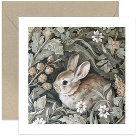 Floral Rabbit Greeting Card - Easter Bunny Rabit Flower Artwork - Traditional Greeting Cards for Him or Her - Rabbit Woodland Scene Birthday Card, Thinking of You Card, Sympathy Card | Blank Inside