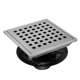 morefine Square Shower Drain with Flange, Shower Drain 6 inch with Removable Grate Cover, SUS 304 Stainless Steel, Brushed Nickel