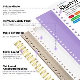 POPYOLA 9" x 12" Sketch Book with Bookmark Ruler, 100 Sheets Spiral Sketchbook for Drawing (68lb/100gsm), Acid Free Sketch Pad Artist Sketching Drawing Paper for Kids Teens Adults Artists, Purple