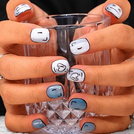 Sethexy Short Square Artificial Nail Painted Cute Funny Handmade False Nails Shiny Acrylic Press on the Nail Durable Quality Nails for Salon for Women and Girls (K)