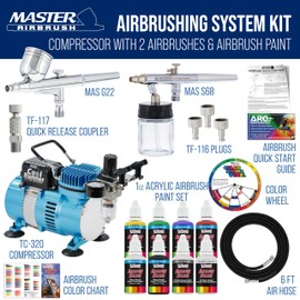 Master Airbrush Cool Runner II Air Brush Kit with Dual Fan Compressor & 2 Airbrushes - Includes 6 Primary Acrylic Paint Colors Artist Set, How-to Guide, Color Chart & Hose