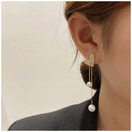 Aneneiceera Vintage Crystal Heart Pearl Earrings Long Pearl Drop Earrings Gold Pearl Dangle Earrings Cz Heart Stud Earrings Jewelry for Women and Girls (Gold)