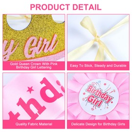 Risipu 3pcs Birthday Sash Adjustable Crown Hat with Badge for Boys Girls, Happy Birthday Decorations Photo Props for Kids Birthday Party (Gold-pink)