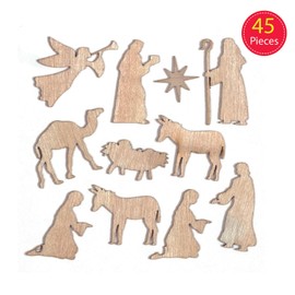 Baker Ross AT266 Nativity Mini Wooden Shapes for Craft, Christmas Wood DIY Cut Outs (Pack of 45), Assorted, Small