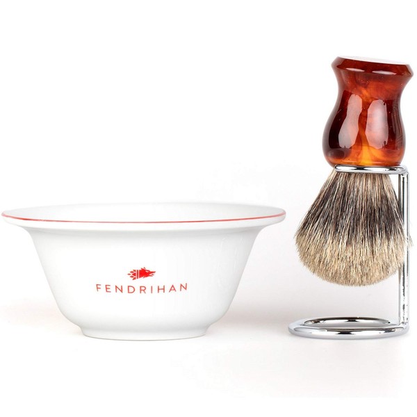 Fendrihan Porcelain Red Shaving Bowl and Classic Pure Grey Badger Shaving Brush with Metal Stand Set (Faux Amber Badger Brush)