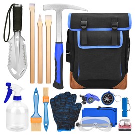 17 PCS Geology Rock Hammer Kit, 32oz Rock Pick Hammer, 3PCS Digging Chisels,Rock Hounding Tools with Multi-Function Shovel, Backpack, Brushes, Gloves, Goggles, Whistle, Compass, Loupe, Spray Bottle