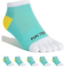 FUN TOES Women's Cotton Toe Socks-Barefoot Running- Breathable- 6 Pairs Pack-Size 9-11 Lightweight (Aqua/White)
