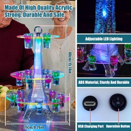 PARYRAY 3 Tier LED Shot Glass Holder for Party 18 Hole Rechargeable Eiffel Tower Stand with Color Changing Lights Up Acrylic Cocktail Display Rack for Wedding Bar Nightclub Birthday Gift