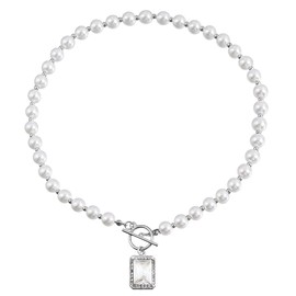 Danshinbow Pearl Choker Necklace Rhinestone Crystal Pendant Necklaces OT Buckle Jewelry for Women (Silver)