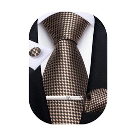 DiBanGu Plaid Ties for Men Silk Checkered Necktie and Pocket Square Cufflinks Tie Clip Set with Gift Box for Wedding Business, Brown