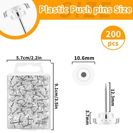 Push Pins, 200 Pcs Thumb Tacks, Clear Flat Push Pins for Cork Board, Wall Hangings, Maps