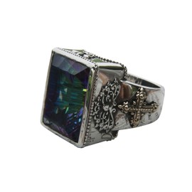 myringshop Royal Lilies Cross Ring Stone Signet Ring Men Women Genuine 925 Silver