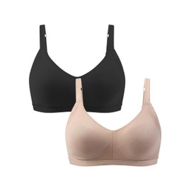 ANGOOL Women's Bra Without Underwire Medium Support Sports Bra Back Closure Adjustable Straps Classic Sleep Bra Padded V-Neck Seamless, Black and beige, M