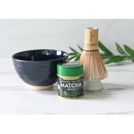 Dark Navy Blue Ceramic Matcha Set - Japanese Matcha Bowl, Ceremonial Matcha 30g, Bamboo Matcha Whisk and Whisk Holder - Handcrafted Matcha Cup, 100 Prongs Chasen by Aprika Life