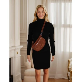 MIRROSI® Women's Bum Bag, Made in Italy, Genuine Leather Shoulder Bag, Chest Bag, Crossbody Bag Made of Genuine Leather, Available in 3 Sizes, Brown (suede silver zip)