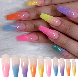 24PCS Long Coffin False Nails with Glue Stickers,Ballerina Coffin Full Cover Acrylic Nails Press on Nails no Glue,Rainbow Gradient French Fake Nails Stick on Nails for Women and Girls Nail Art.