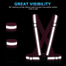 SAWNZC Reflective Vest Running Gear 2Pack, Adjustable Safety Vest Outdoor Reflective Belt High Visibility with 4 Reflective Wristbands Straps for Night Cycling Motorcycle Dog Walk, Pink-2vests+4bands