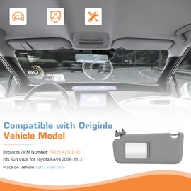 Hurotoms Sun Visor with Light for 2006-2013 Toyota RAV4, Left Driver Side, Replace for 74320-42501-B2, Gray