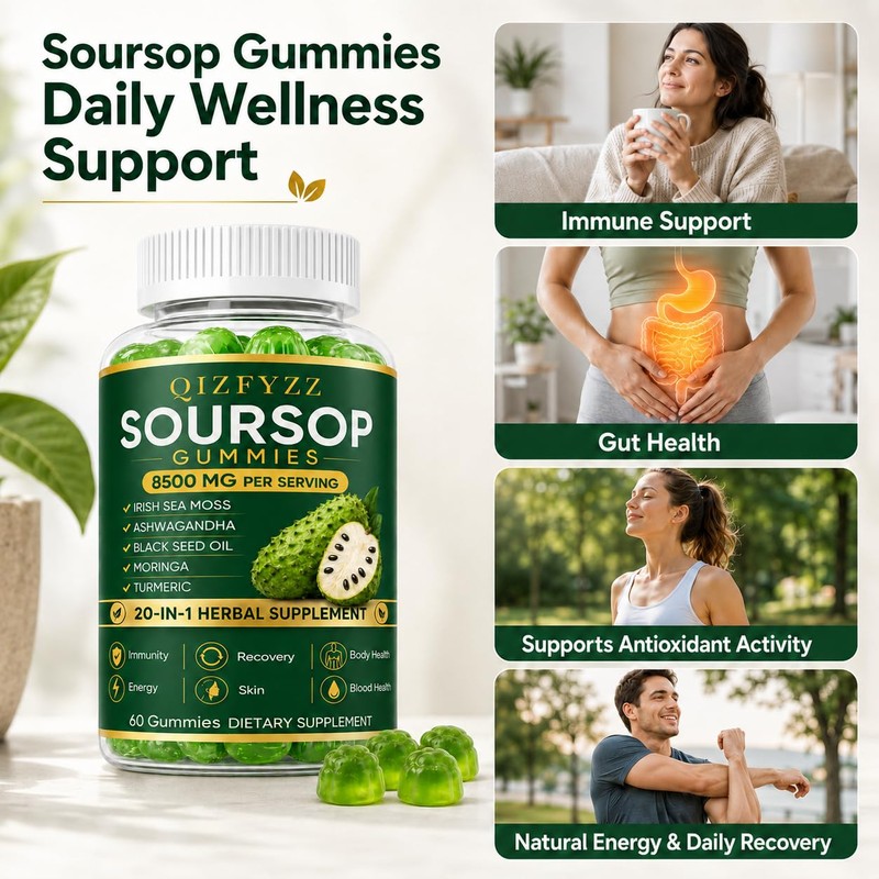 Qizfyzz Soursop Gummies, Antioxidant, Immune & Energy Support, Herbal Daily