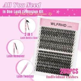 Lash Extension Kit 280 Pcs DIY Individual Cluster Lashes D Curl Lash Cluster Kit with Eyelash Bond and Seal, Remover, Tweezers Applicator for False Eyelashes Extensions at Home(4050D,9-16mix,set)