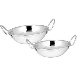 Kosma Set of 2 Stainless Steel Serving Balti Dishes -17cm | Metal Balti Bowl with Handle | Indian Serving Dish