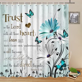 Inspirational Quote Shower Curtains Teal Daisy Floral Butterfly Trust in The Lord Motivational Words Farmhouse Vintage Old Wooden Plank Background Bathroom Decor Fabric Curtain 70 x 70 Inch with Hooks