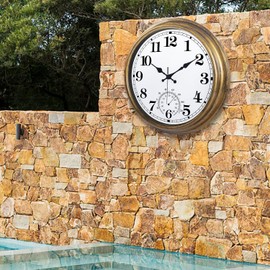 16 Inch Large Outdoor Clock, Retro Waterproof Indoor/Outdoor Clock Non-Ticking Clock with Thermometer, Battery Operated Wall Clock for Patio, Garden, Pool - Bronze