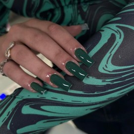 SXVME Dark Green False Nails Long Square, Acrylic Press on Nails Coffin, Glossy Gel Solid Color Full Cover Fake Nails For Women Daily Wear, 24 Pcs