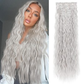 LONAI Clip In Hair Extensions, 6PCS Curly 24" Long Synthetic Clip On Hairpiece For Women-Grey/Silver/White Mixed