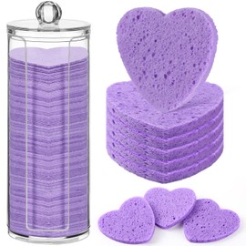 120 Pcs Compressed Facial Sponges with Container Heart Shape Face Sponge Natural Disposable Sponge Pads for Washing Face Cleansing Exfoliating Esthetician Makeup Removal (Purple)
