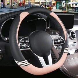 Binsheo Cute Steering Wheel Cover D Shape for Women Men Breathable Universal 15 inch,Black and Pink