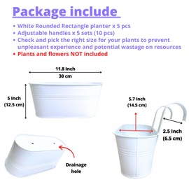 LaLaGreen Rail Planter Outdoor Plants (5 Pack, 11.8 Inch) White Metal Iron Hanging Flower Pots Deck Railings Fence Buckets Modern Countryside Boho Style Wall Mount Window Box Holder Hooks Porch Decor