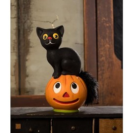 Bethany Lowe Vintage Seated Cat on Pumpkin Bucket, Paper Pulp, Black, TL3361